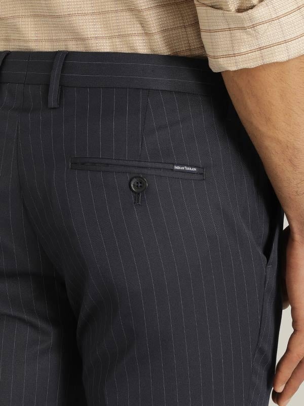 Indian Terrain Men's Comfort Fit Striped Navy Trousers